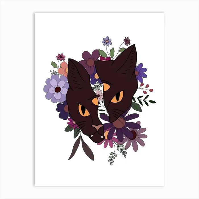 floral witchy cat Art PrintK by Katerhi