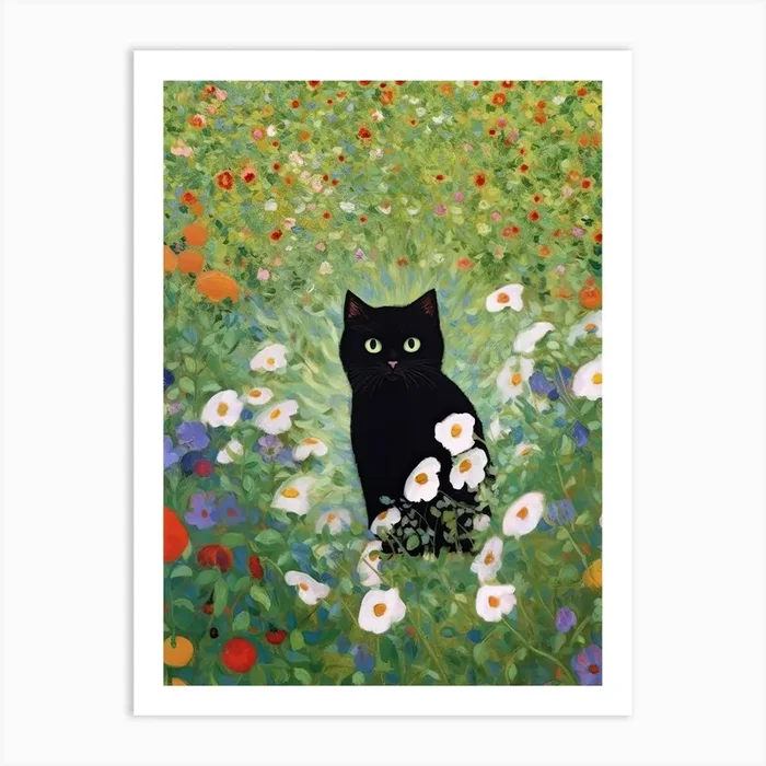 Flower Garden And A Black Cat, Inspired By Klimt 6 Art Print by Mambo
