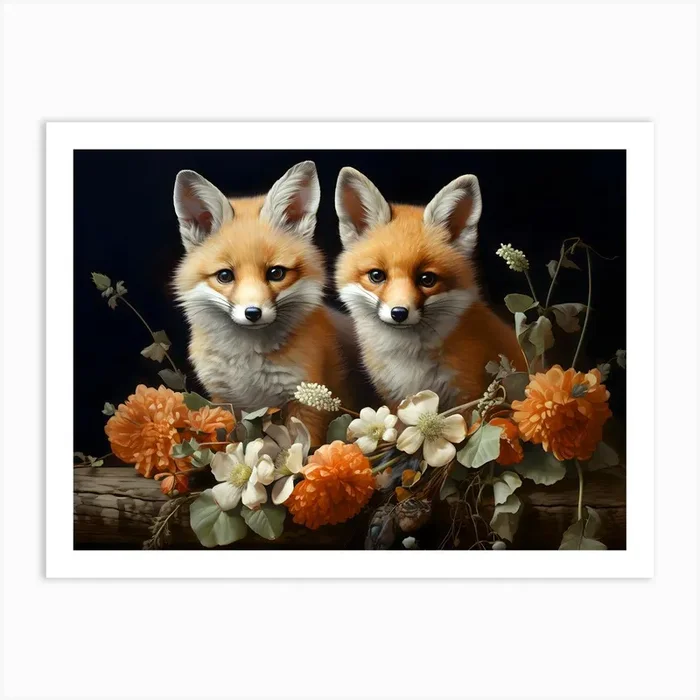 Fox Cubs Amidst The Blooms Art Print by Lozzerly