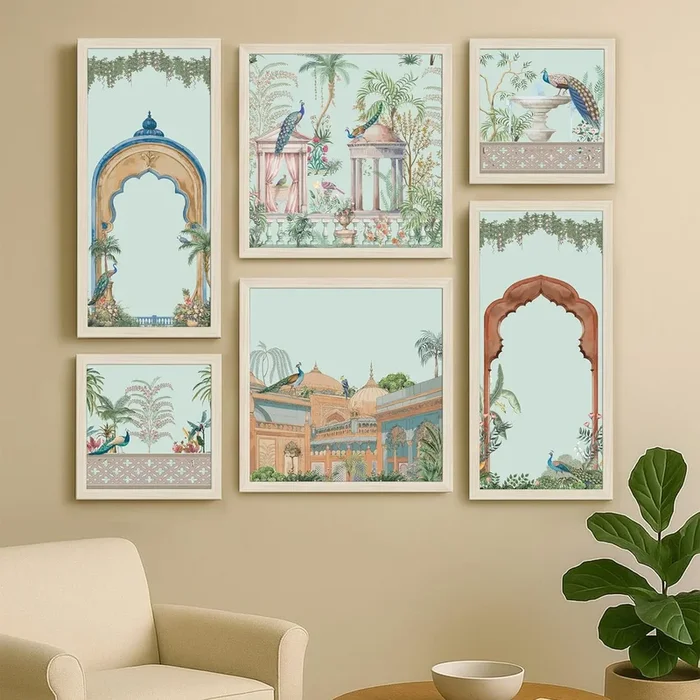 Framed Wall Art Print Pack of 6 Framed Wall Decoration Art Prints Traditional Indian Mughal Garden 24×48, 34×34 and 24×24 cm