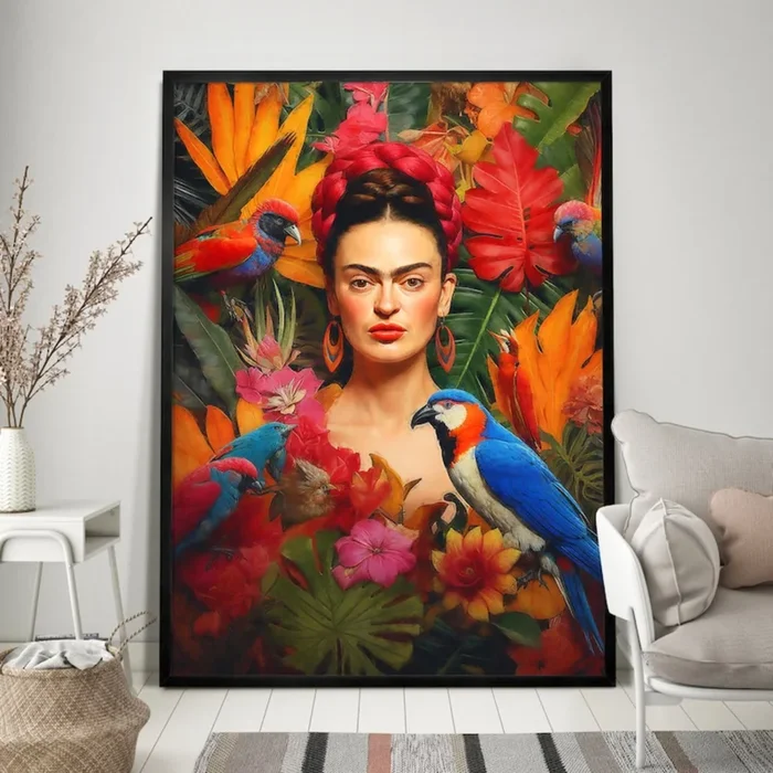 Frida & The Tropics – Hand-Painted Vibrant Jungle Portrait for Latin Boho Decor