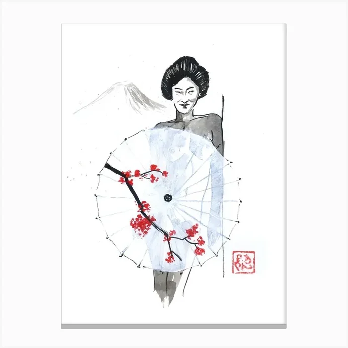 Geisha Nude Behind Umbrella Canvas Print by Pechane Sumie