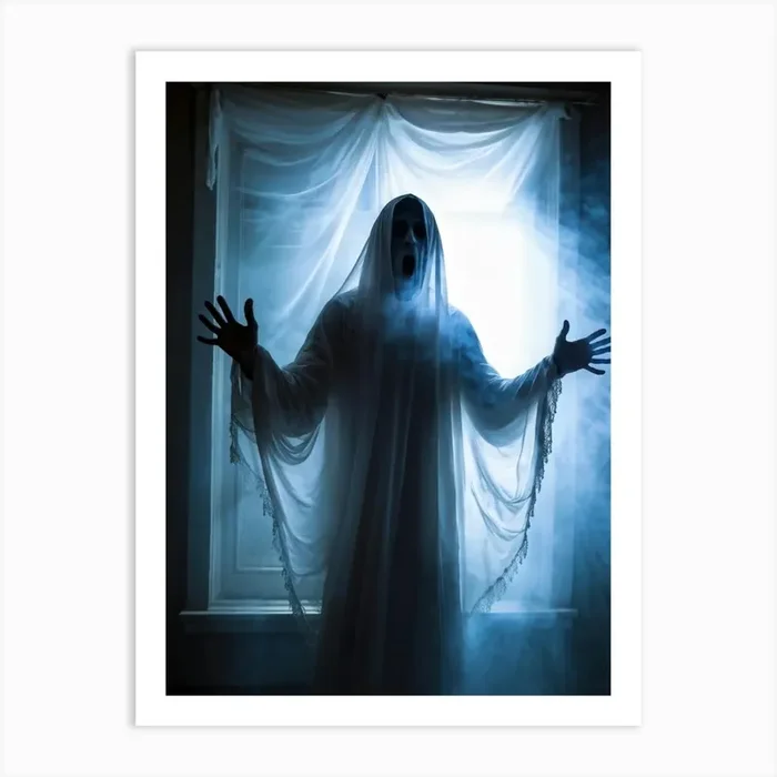 Ghostly Apparition Shrouded In Ethereal Veil Representing Religious Blindness Man Trapped In A Curt Art Print by Pat4U