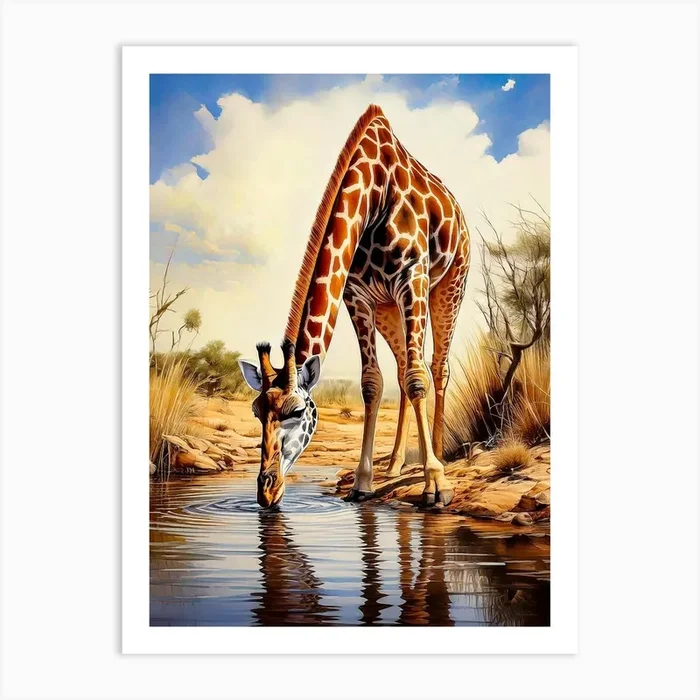 Giraffe Drinking Water Art Print by Nature And Wildlife Prints
