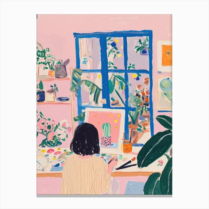 Girl Artist Studio Lo Fi Kawaii Illustration 2 Canvas Print by Kawaii Kingdom