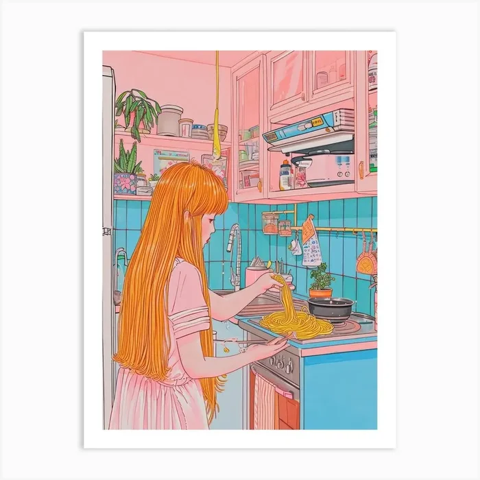 Girl Cooking Pasta Lo Fi Kawaii Illustration 1 Art Print by Kawaii Kingdom