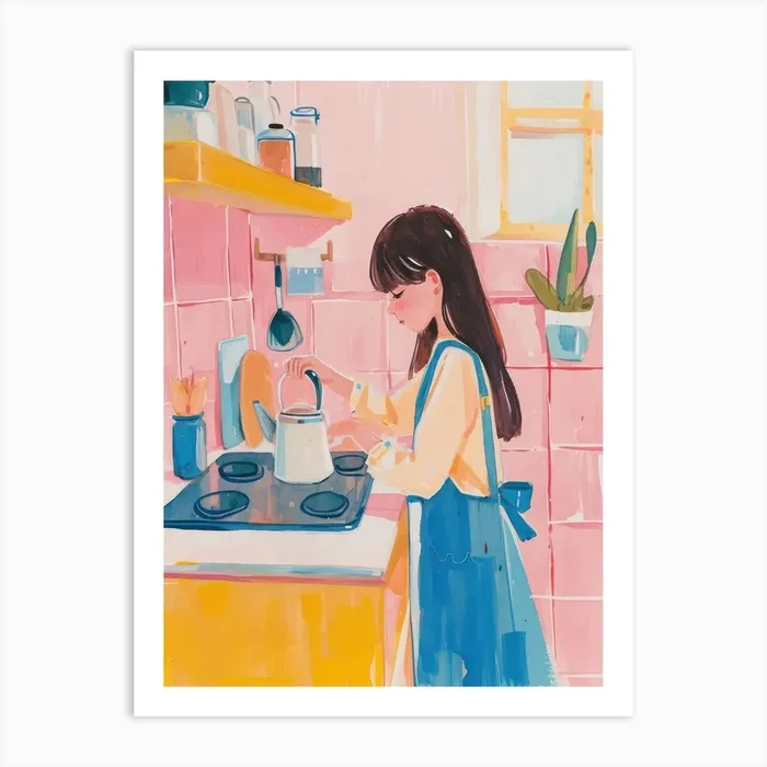 Girl Putting The Kettle On Lo Fi Kawaii Illustration 3 Art Print by Kawaii Kingdom