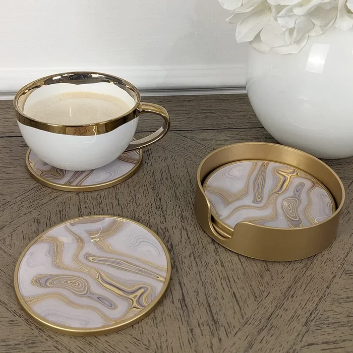 Gold Swirl Marble Effect Coasters – Gold Holder – Set of 4
