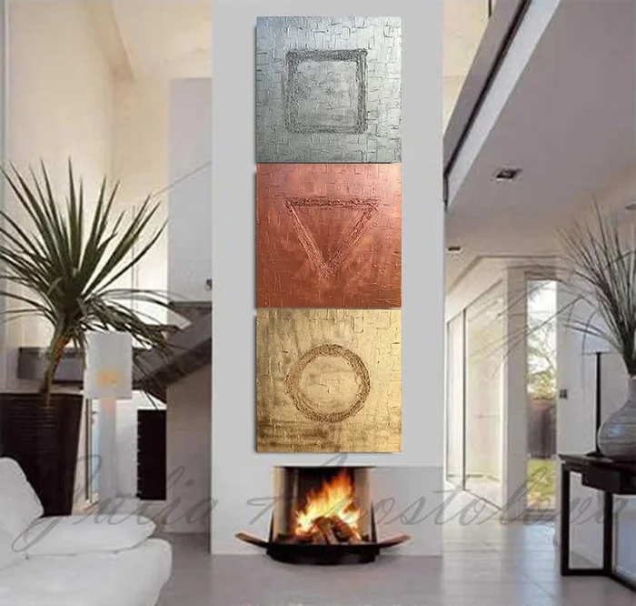 Gold Wall Art Set of Original 3d Minimalist Paintings, Gold Copper Silver Wall Art Triptych Abstract