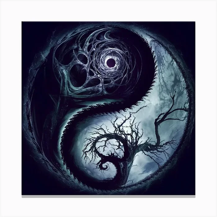 gothic-inspired fractal yin-yang infused with dark tree with intricate branches Canvas PrintH by Harrgunn