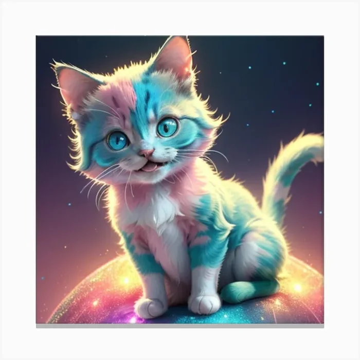 Gradient Pink and blue and green baby british cat happy and smiling,full body,sharp focus,looks funny,glowing, glitter,shine, sitting in the big fire sphere,very cute,8k,hd,Futuristic,CFG Canvas Print by Luminary Creations