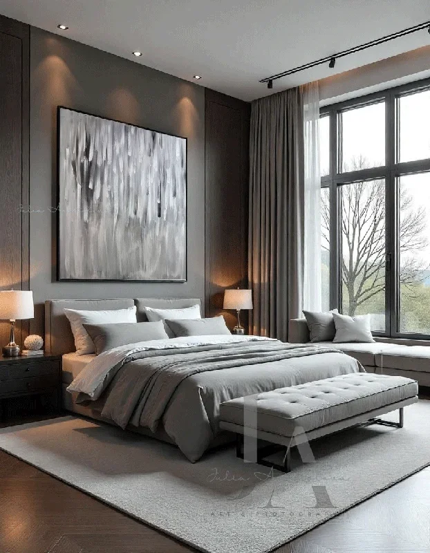 Gray Silver & White Minimalist Original Painting with Black Floating Frame – ”Moonlight Whispers”