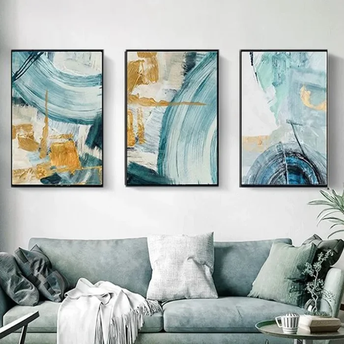 Green Gold Abstract Handmade Set of 3 Home Decor Wall Painting