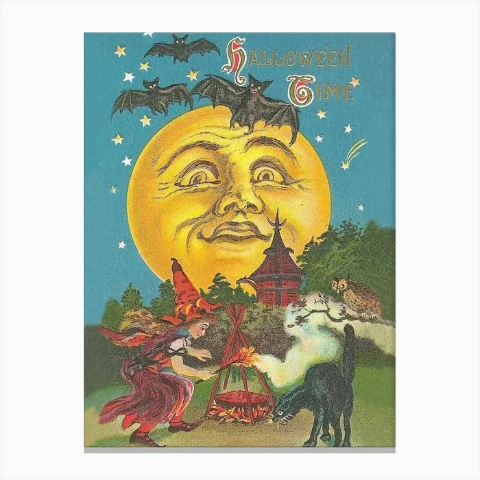Halloween Time, Witch crafting Under A Big Yellow Moon Canvas Print by Vintage Spirit