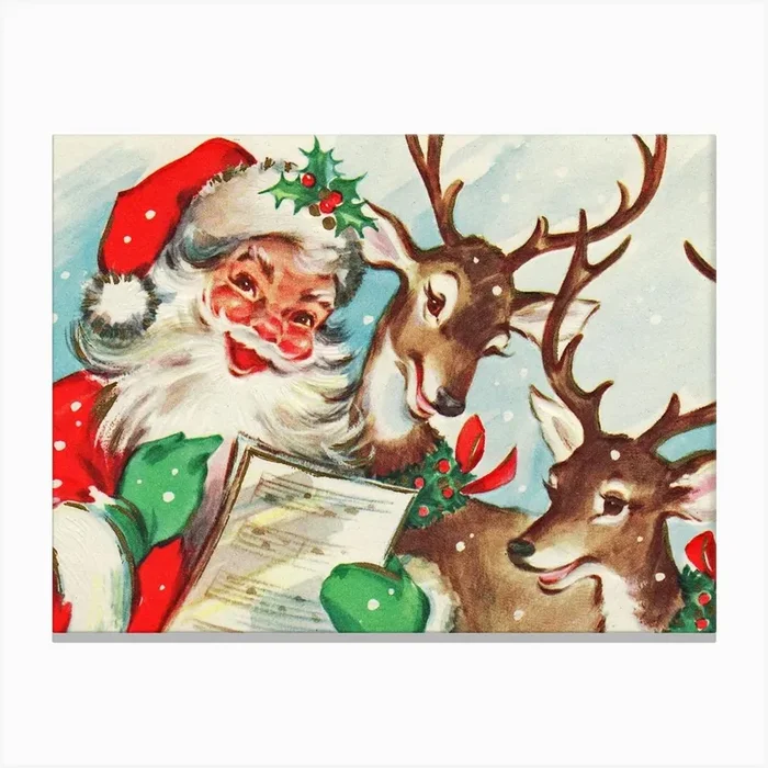 Happy Santa Claus Singing With Deer Canvas Print by Vintage Spirit