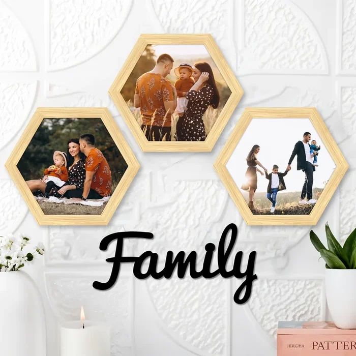 Hexagon Wall Photo/Picture Frame Set of 3, and ‘Family’ Word MDF Cutout (Size 10×9.2 Inch)