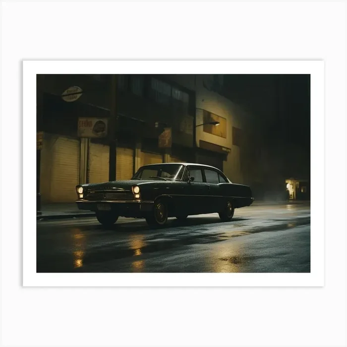 Hyper realistic AI art of vintage vehicle driving at night with city lights lighting the scene. Art Print by Jlondon
