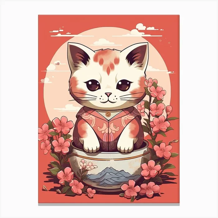 Kawaii Cat Drawings Cherry Blossom Flowers Canvas Print by Kawaii Kingdom