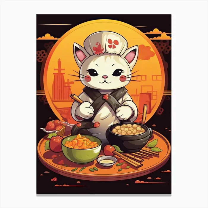 Kawaii Cat Drawings Cooking 3 Canvas Print by Kawaii Kingdom