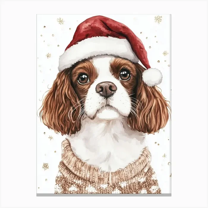 King Charles Cavalier In Christmas Jumper And Santa Hat Neutral Canvas Print by NordicDesignHouse