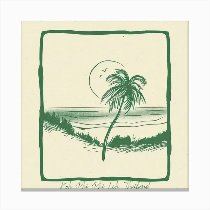 Koh Phi Phi Leh, Thailand Green Line Art Illustration Canvas Print by Dreamy Seasons Art