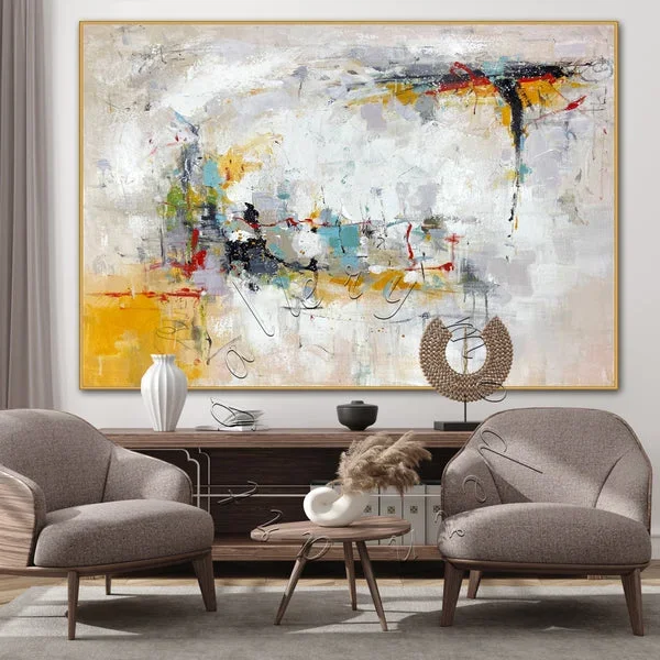 Large Abstract Original Painting on Canvas, Oversized Modern Wall Art “Happy Yellow”