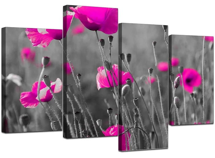 Large Pink Flowers Floral Black White Canvas Wall Art Pictures – 4137 – 127.5×67.5cm