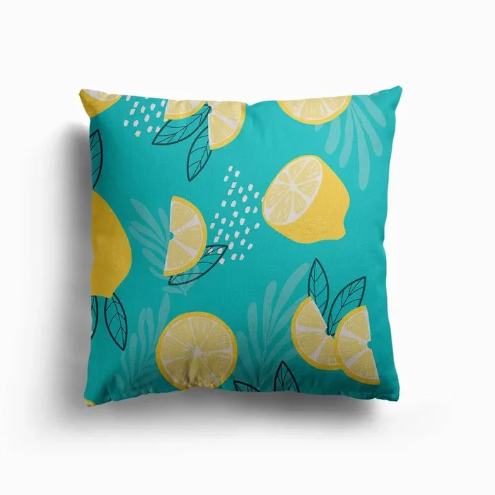 Lemon Pattern With Floral Decoration Canvas Cushion by BlueLela