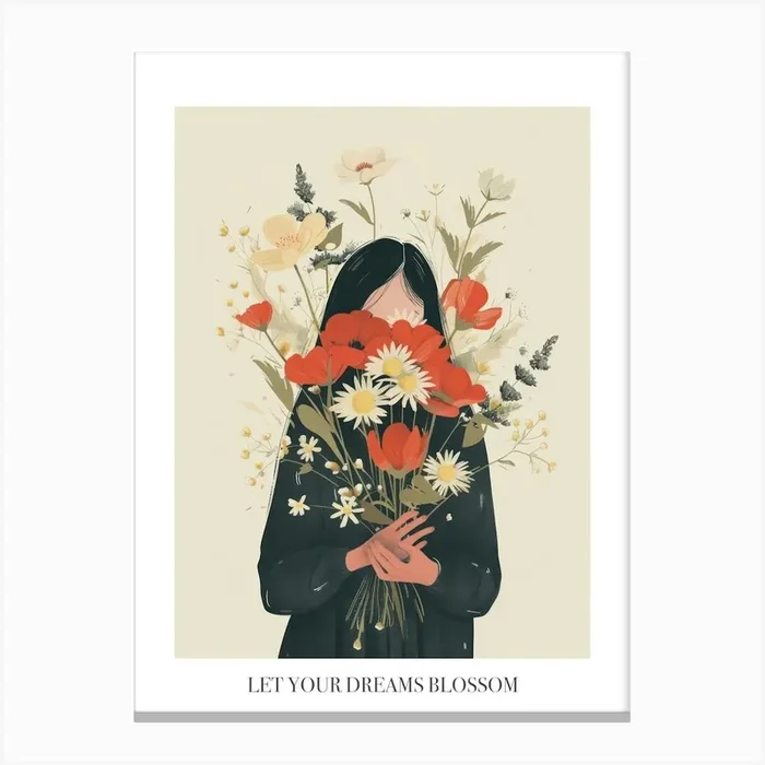 Let Your Dreams Blossom Poster Spring Girl With Red Flowers 2 Canvas Print by Dreamy Seasons Art