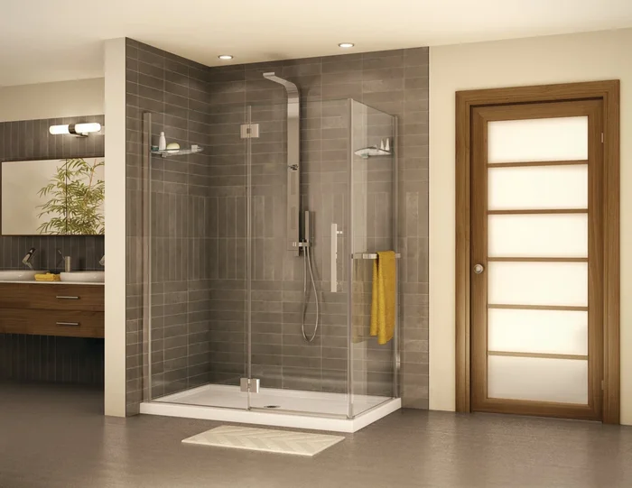Lexus Right Handed Oval Hinge 2 sided Shower Door with Flat Handle & Flat Towel Bar – 53 “
