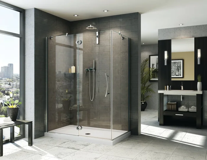 Lexus Right Handed Rectangle Hinge 2 sided Shower Door with Curved Handle & Round Towel Bar – 37 “
