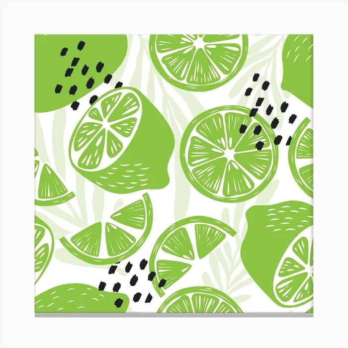 Lime Pattern On White With Floral Decoration Square Canvas Print by BlueLela