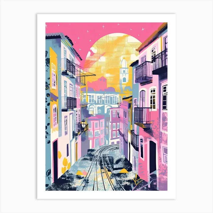 Lisbon In Risograph Style 2 Art Print by Vintage Ink