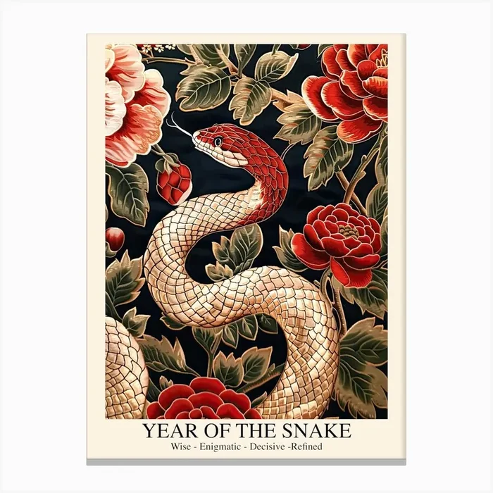 Lunar Year Of The Snake 2025 Wall Art Print Poster Framed Snake Art Chinese Zodiac Vintage Gold Canvas Print by Mambo