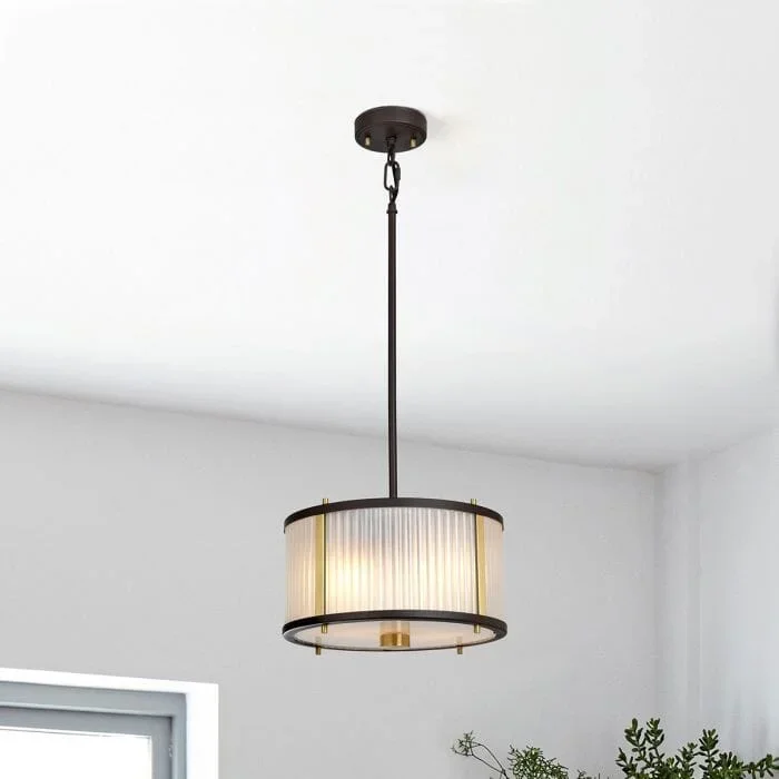 Maria Dark Brown & Brass Ribbed Glass 2 Light Pendant Ceiling Light