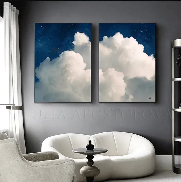 Midnight Clouds Set of Two Cloud Paintings Large Abstract Canvas Art for Celestial Aesthetic Decor