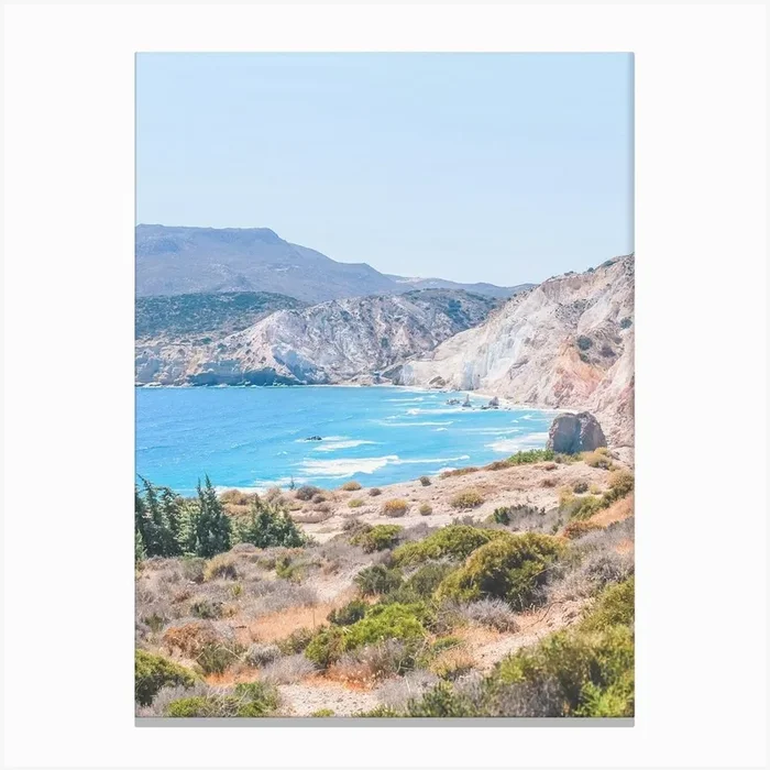 Milos, Greece I Wild bohemian boho beach Tsigrado photography in the Cyclades mountains on the Mediterranean Sea for greek landscape skyline in Fyriplaka with pastel coastal summer aesthetic vibes fine art photo Canvas Print by Julie Travel Photography