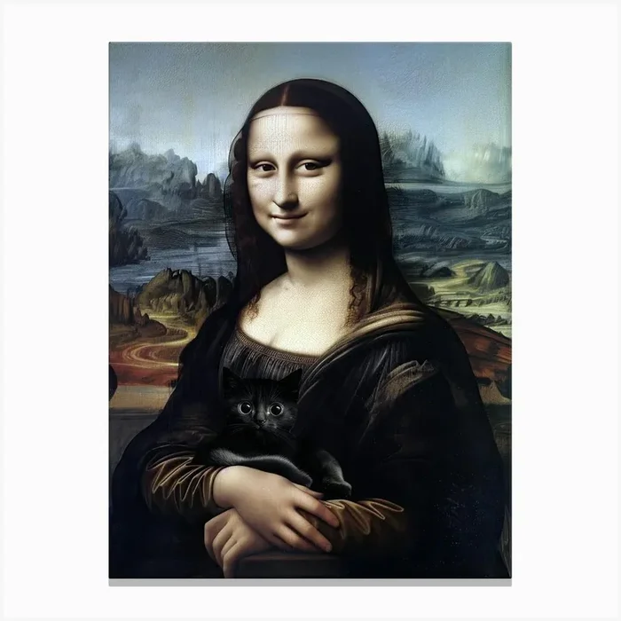 Mona Lisa with Cute Black Cat Canvas PrintMG by Mona Gone Wrong