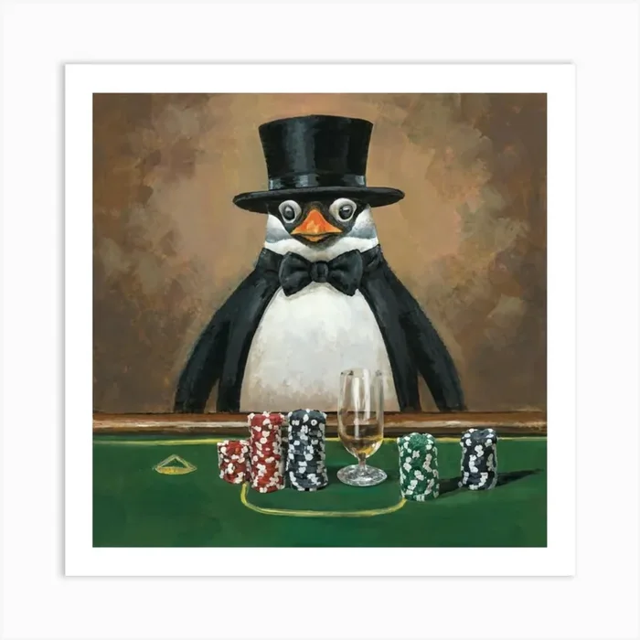 Monocle Wearing Penguins Poker Night Print Art And Wall Art Art Print by Tendancyshop