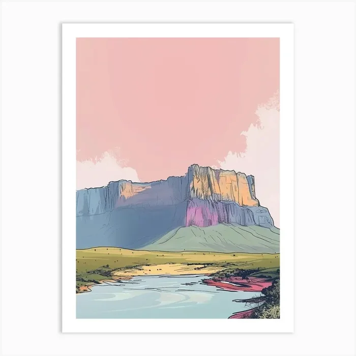 Mount Roraima Venezuela Brazil Color Line Drawing (1) Art Print by Pixel Peaks