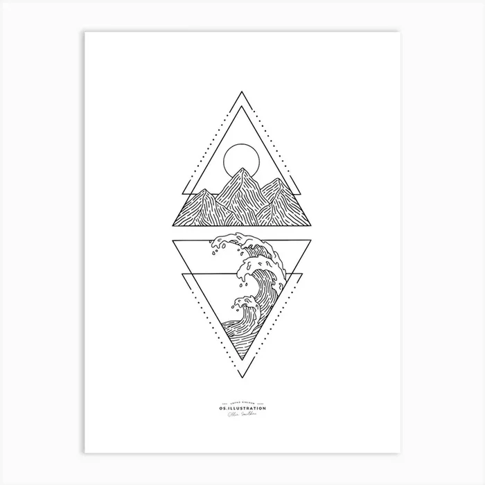 Mountains To The Sea Fineline Illustration Art Print by Os Illustration
