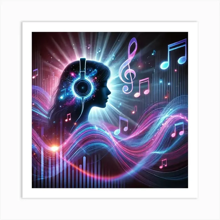 Music Vibes Silhouette Wall Art: A Dreamy and Abstract Scene of a Woman with Headphones Immersed in Soundwaves for Modern Home Decor Print Art Art Print by Tendancyshop