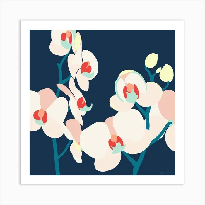 Navy Orchid Square Art Print by Pippa Shaw
