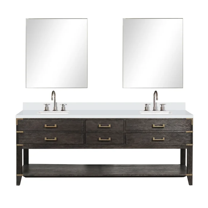 Norwalk 84 in W x 22 in D Brown Oak Double Bath Vanity, White Quartz Top, Faucet Set, and 36 in Mirrors