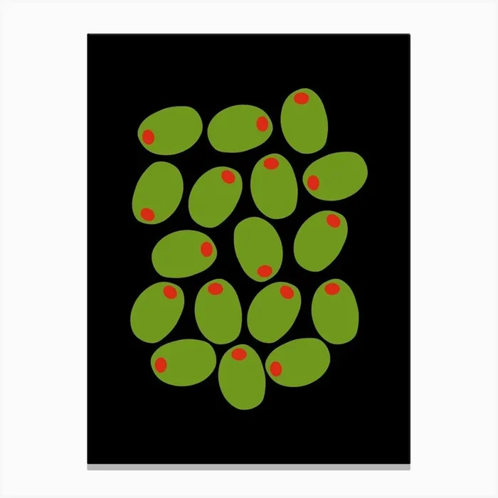 Olives Print Black Kitchen Canvas Print by Mambo