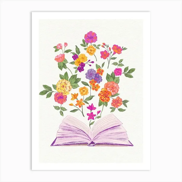 Open Book With Flowers Purple Art Print by Lourdes Bruzzoni