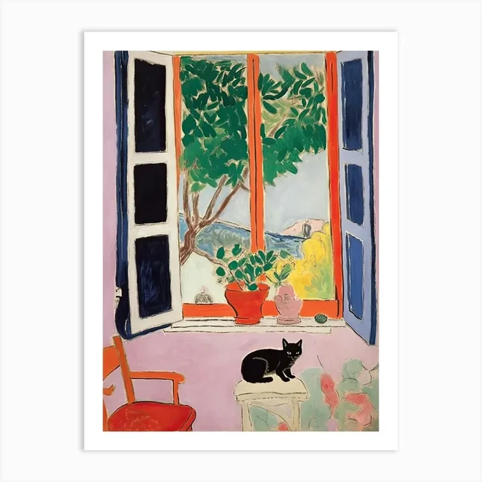 Open Window Orange With A Black Cat Art Print by Mambo