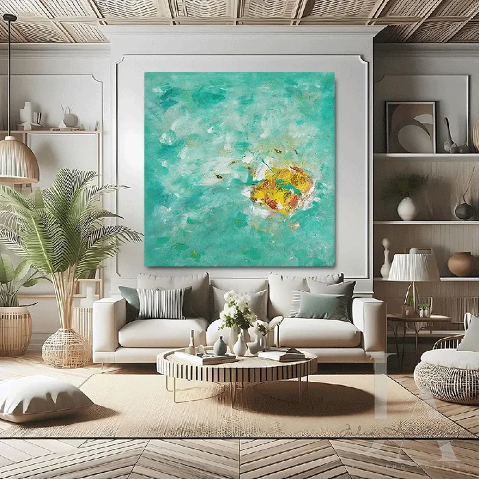 Original Painting Minimalist Abstract Seascape Wall Art, Green Turquoise Painting by JuliaApostolova