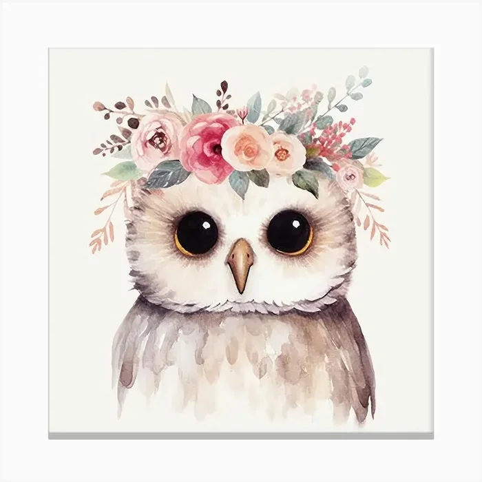 Owl With Flowers Canvas Print by LAZAR STUDIO