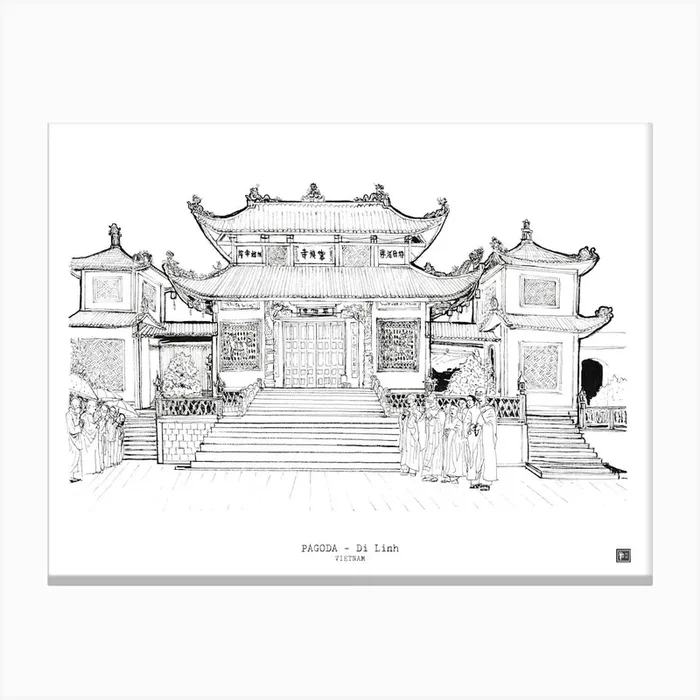 Pagoda Dilinh Vietnam Cultural Architecture Pen Ink Drawing Canvas Print by Wall Art Sketch by Bas Bastiaansen